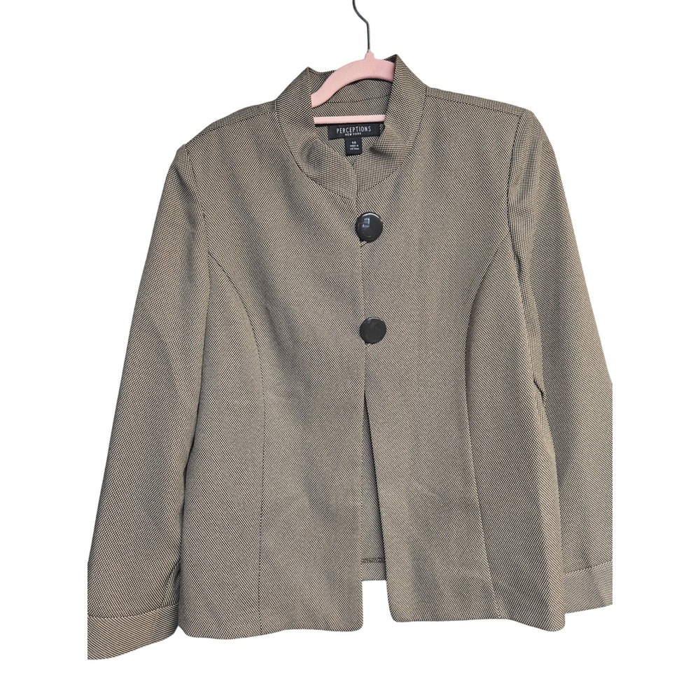 Perceptions New York Womens Tan Black Micro Pattern Mock Neck Blazer Jacket 14
